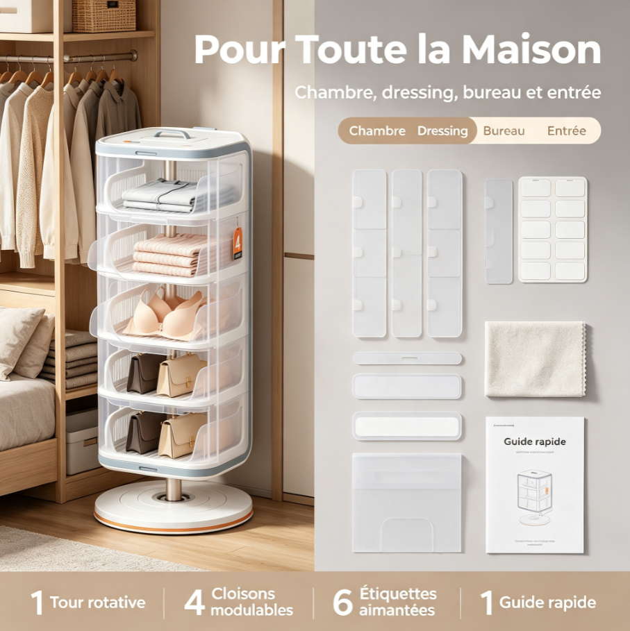 Tour de rangement rotative hexagonale, système de rangement pour vêtements gain de place pour dressing et chambre