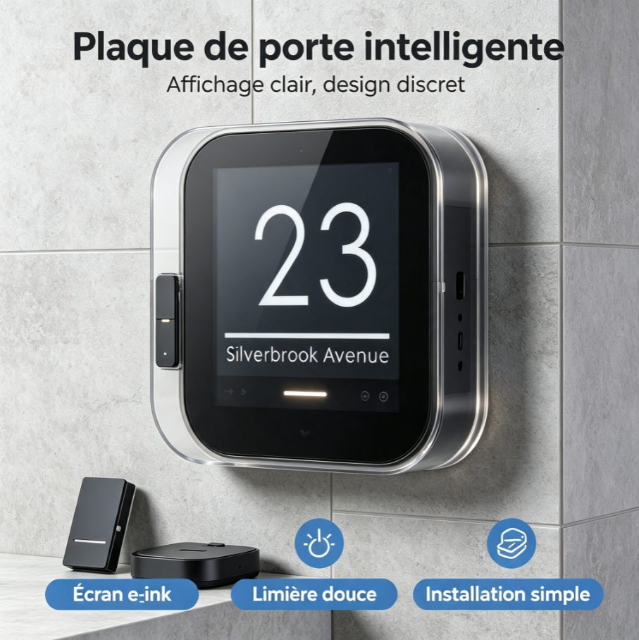 Plaque de porte intelligente à écran e‑ink, personnalisable, basse consommation pour maison, appartement et bureau