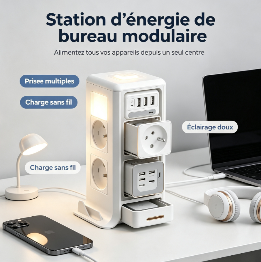 Tour multiprise modulaire rotative, station d’alimentation avec prises françaises, USB‑C, charge sans fil et veilleuse pour bureau et maison