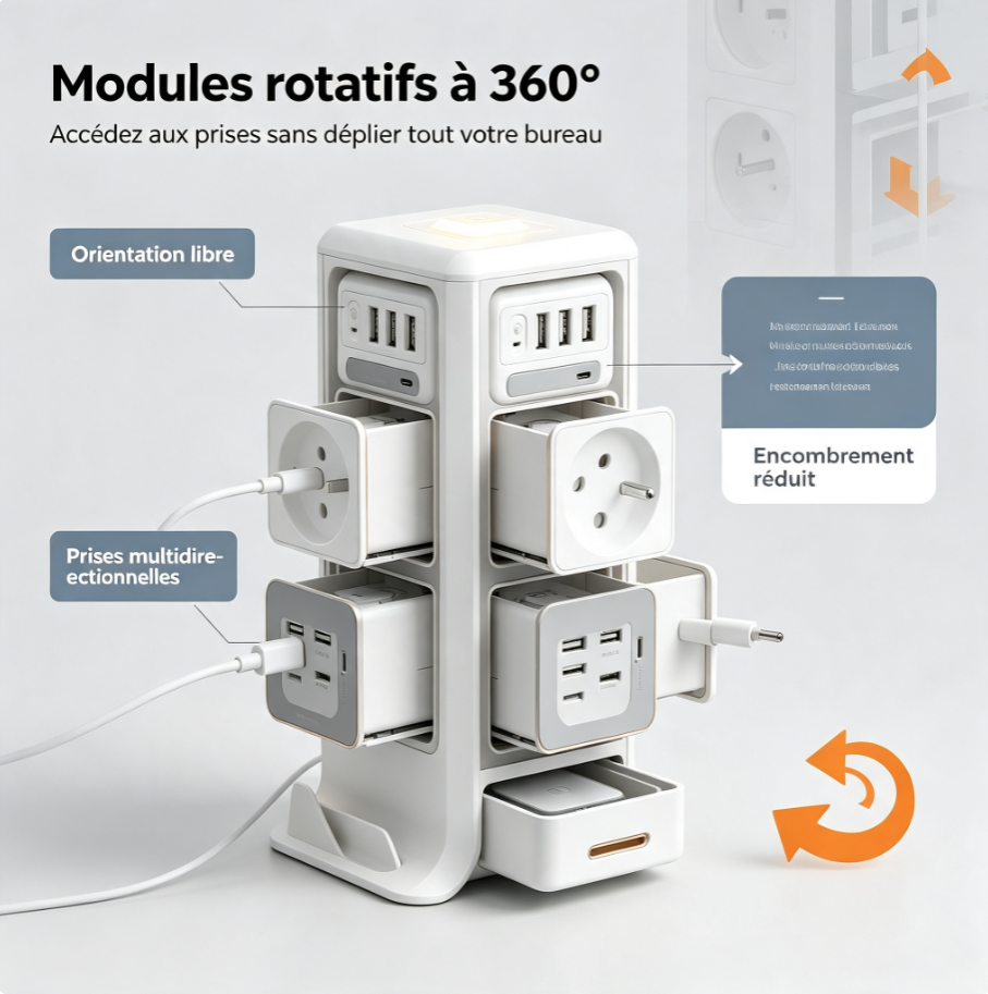 Tour multiprise modulaire rotative, station d’alimentation avec prises françaises, USB‑C, charge sans fil et veilleuse pour bureau et maison