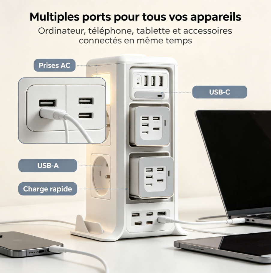 Tour multiprise modulaire rotative, station d’alimentation avec prises françaises, USB‑C, charge sans fil et veilleuse pour bureau et maison