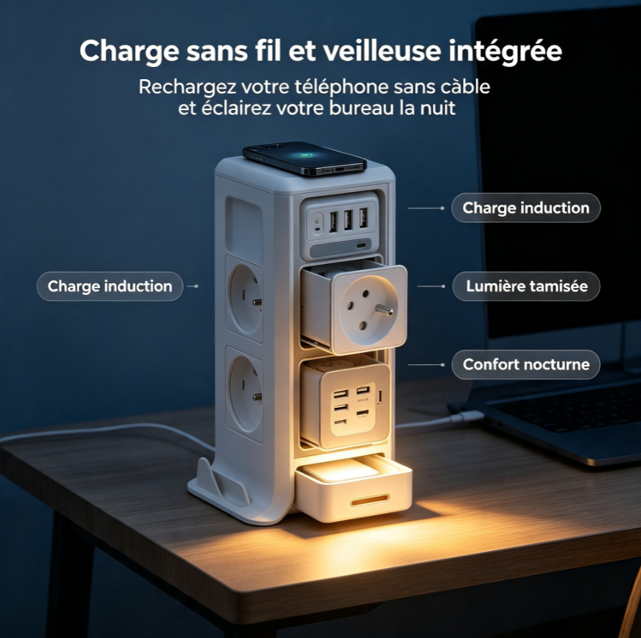 Tour multiprise modulaire rotative, station d’alimentation avec prises françaises, USB‑C, charge sans fil et veilleuse pour bureau et maison