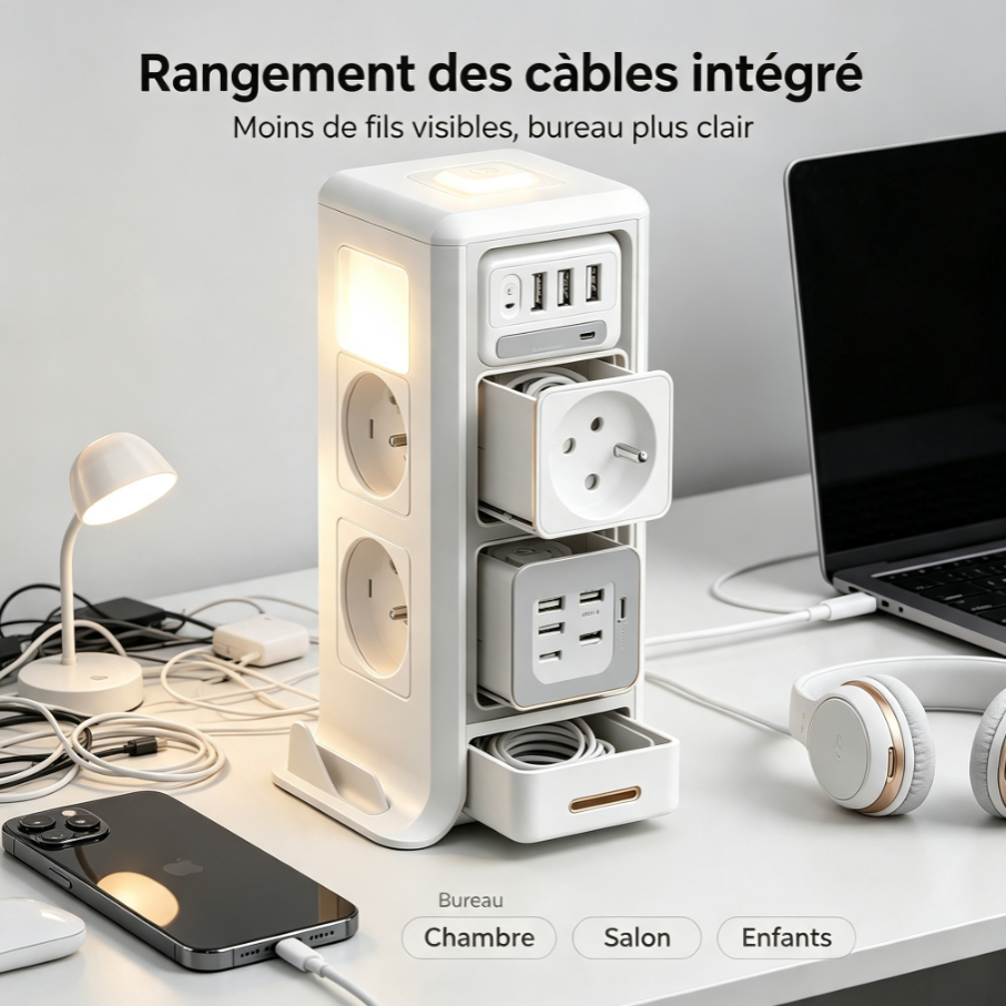 Tour multiprise modulaire rotative, station d’alimentation avec prises françaises, USB‑C, charge sans fil et veilleuse pour bureau et maison