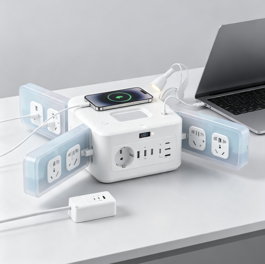 Station multiprise à ailes déployables, bloc d’alimentation avec prises norme française, USB‑C PD, charge sans fil et éclairage ambiant pour bureau et maison