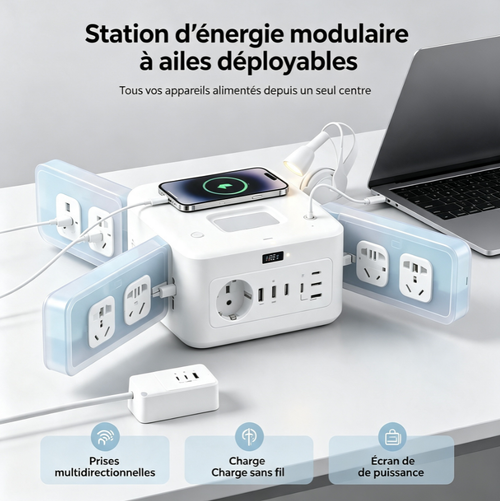 Station multiprise à ailes déployables, bloc d’alimentation avec prises norme française, USB‑C PD, charge sans fil et éclairage ambiant pour bureau et maison