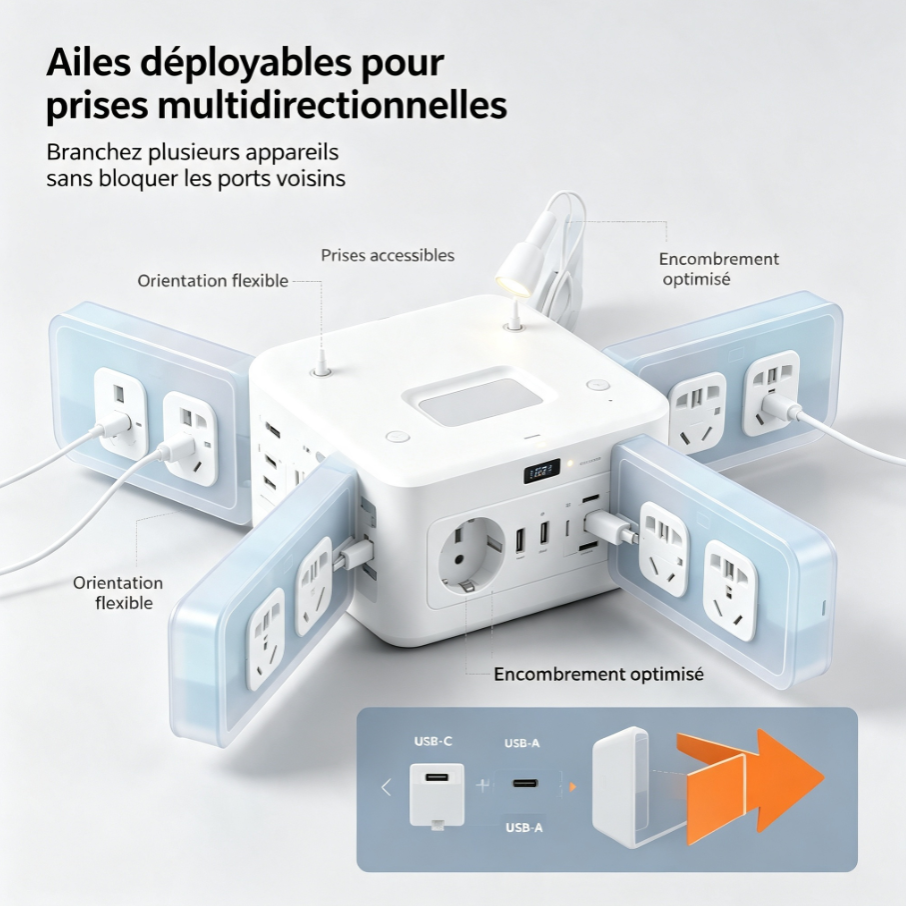 Station multiprise à ailes déployables, bloc d’alimentation avec prises norme française, USB‑C PD, charge sans fil et éclairage ambiant pour bureau et maison