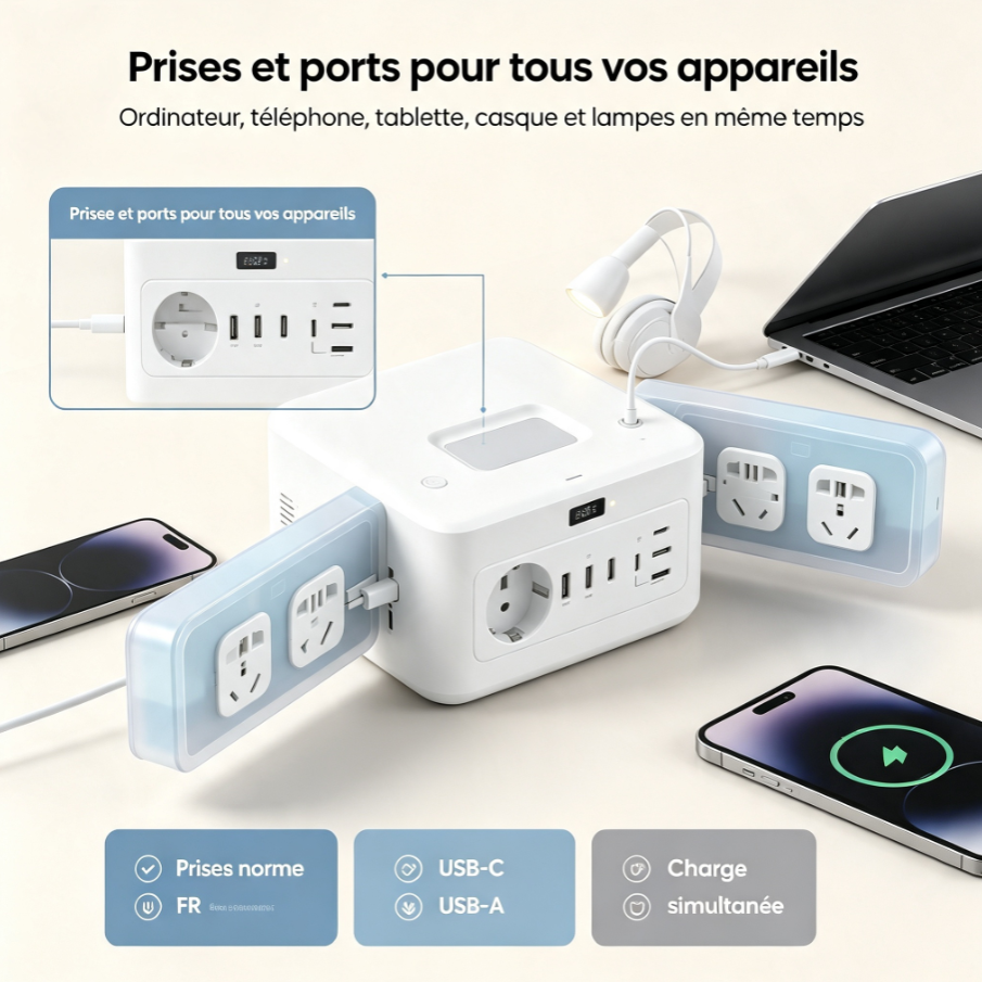Station multiprise à ailes déployables, bloc d’alimentation avec prises norme française, USB‑C PD, charge sans fil et éclairage ambiant pour bureau et maison