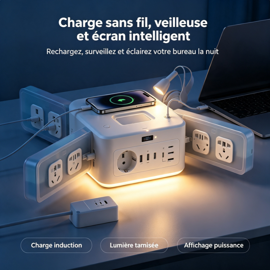 Station multiprise à ailes déployables, bloc d’alimentation avec prises norme française, USB‑C PD, charge sans fil et éclairage ambiant pour bureau et maison