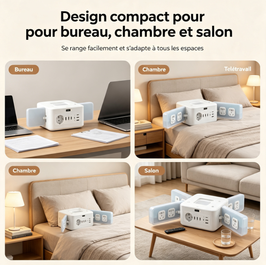 Station multiprise à ailes déployables, bloc d’alimentation avec prises norme française, USB‑C PD, charge sans fil et éclairage ambiant pour bureau et maison