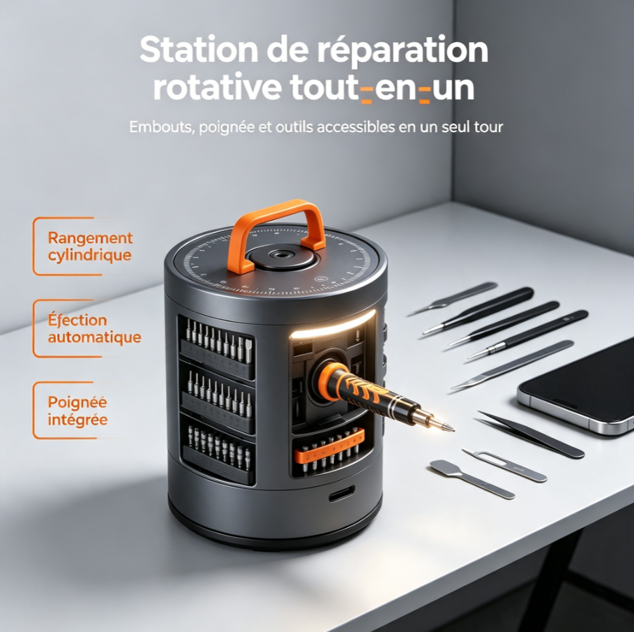 Station de réparation rotative cylindrique, kit tournevis de précision avec éjection automatique embouts, réglage couple et éclairage LED pour téléphone, ordinateur, console