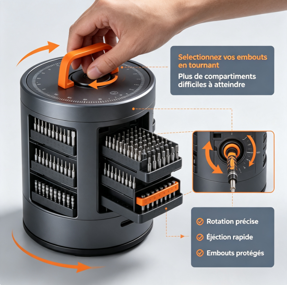 Station de réparation rotative cylindrique, kit tournevis de précision avec éjection automatique embouts, réglage couple et éclairage LED pour téléphone, ordinateur, console