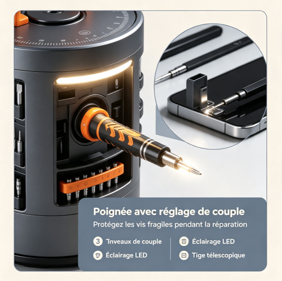 Station de réparation rotative cylindrique, kit tournevis de précision avec éjection automatique embouts, réglage couple et éclairage LED pour téléphone, ordinateur, console