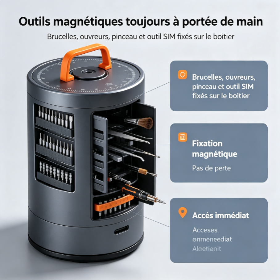 Station de réparation rotative cylindrique, kit tournevis de précision avec éjection automatique embouts, réglage couple et éclairage LED pour téléphone, ordinateur, console