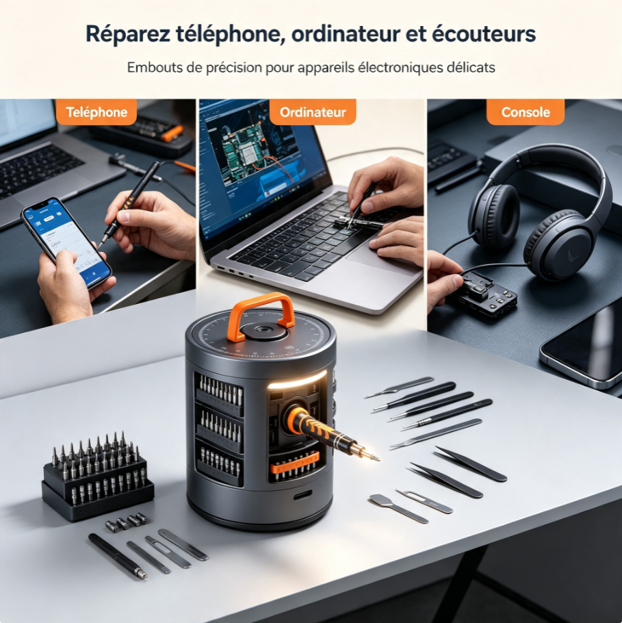 Station de réparation rotative cylindrique, kit tournevis de précision avec éjection automatique embouts, réglage couple et éclairage LED pour téléphone, ordinateur, console